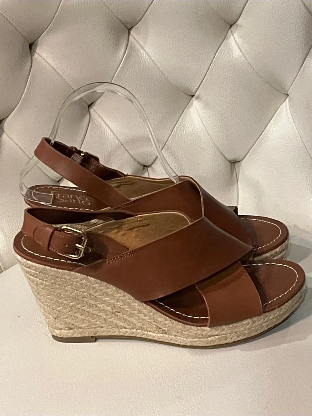 Franco Sarto Tan Brown Leather Sandals Espadrille Wedges Size 8.5